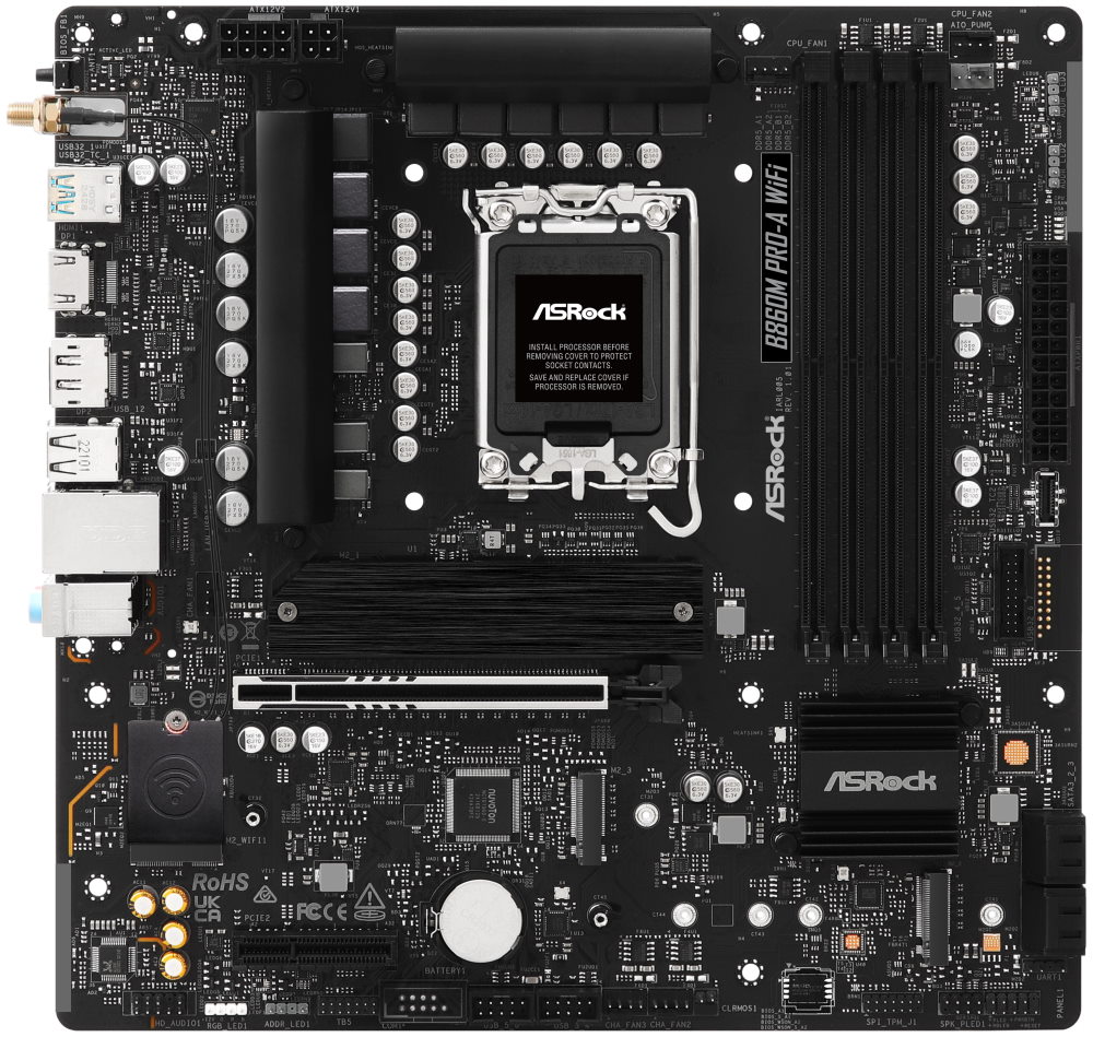 ASRock B860M Pro-A WiFi / Intel B860 / LGA1851 / 4x DDR5 / 3x M.2 / HDMI / DP / USB-C / WiFi / mATX